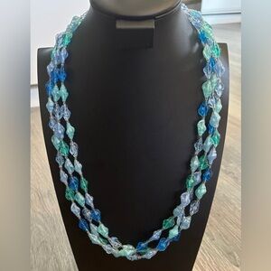 1960s Caribbean blue green lucite three strand shell necklace, classic vintage